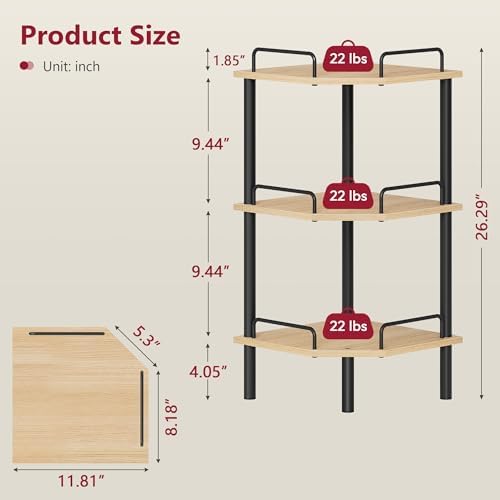 Tajsoon 3 Tier Corner Shelf Stand, Standing Corner Shelf Unit, Natural - Image 3