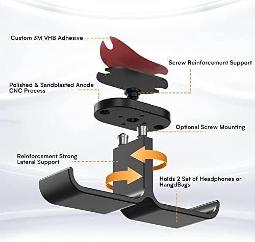 Headphone Stand Headphone Hanger Stand Under Desk Hook 360° Rotation Ball Plunger Hanger Aluminum Stick-On Adhesive Dual Headsets Holder Mount PC Gaming Accessories Headset Holder - Image 3