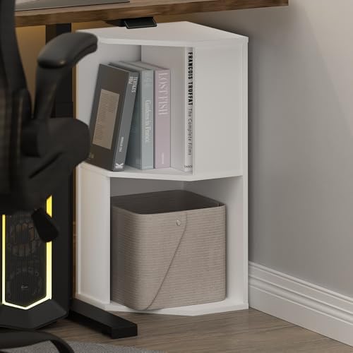 Furinno ECON Corner Shelf, 2-Tier Corner Book Shelf, Standing Storage Shelves, Cube Display Rack, Bookshelf, for Organization and Storage, Living Room, Home Office, Plain White - Image 2