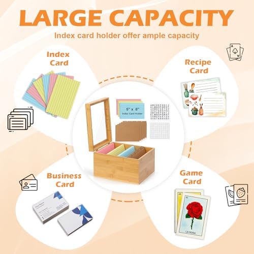 5x8 Index Card Holder with Dividers Bamboo Index Card Storage Box 4 Compartments Recipe Card Box with Lid 150 Index Flash Cards 25 Index Card Dividers 2 Letter smile Stickers for Office Business Home - Image 4