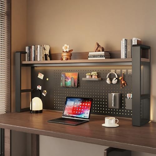 Desk Shelf Organizer for Top of Desk – Desktop Bookshelf with Pegboard & Storage Accessories, Adjustable Hutch for Dorm or Office, Steel Frame Display She Black frame + dark brown board 53.1*9.8*26in by Unknown