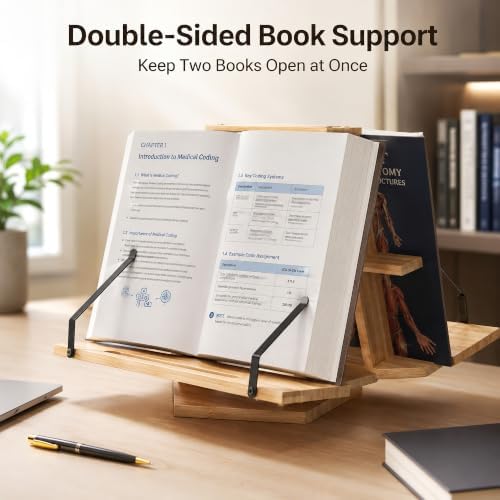 MACTANO Two-Sided Rotating Book Stand, 360° Bamboo Desktop Holder 9 lb - Image 3
