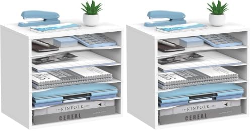 5-Tier Wood Desk Organizer, Paper Tray Organizer for Desk with Adjustable Storage Shelves, Desktop Mail Organizer and Paper Sorter Mail Holder for Office Home Classroom, White (Pack of 2) by SHARKWOODS