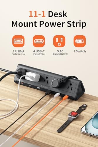 AnnTane Desk Clamp Power Strip USBC, 40W Fast Charging, 10 Ft, Black - Image 2