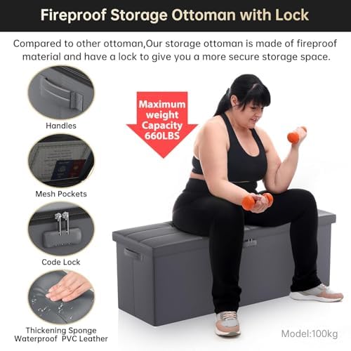 DocSafe Storage Ottoman Bench, Fireproof＆Waterproof Folding Bench with Lock(15”x 43”x15”), Leather Storage Chest with Handles＆2 Extra Boxes, Ottoman Safe for Bedroom,Living Room,Home Office, Gray - Image 6
