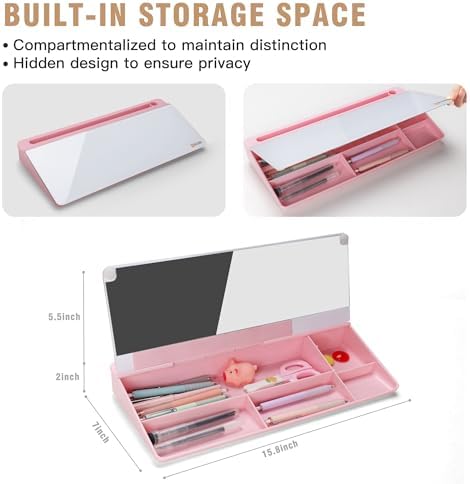 SELEAD Desktop Glass Whiteboard with Storage & Built-in Mirror, Pink - Image 5