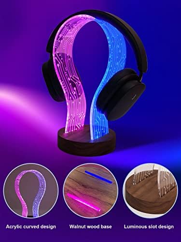 YuanDian Headphone Stand, Walnut Wood Headset Holder with Blue Pink LED Night Light for Gamers, Men, and Music Lovers - Perfect Desk Gift Idea - Image 5