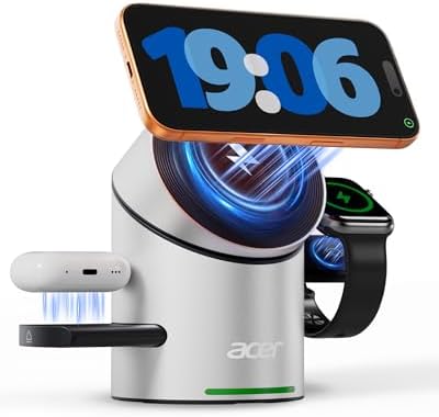 Acer Prime 3 in 1 Charging Station for Apple - Magnetic iPhone Wireless Charging Station, Magsafe Charger Stand for iPhone 17 16 15 14 13 12 - Apple Watch - Airpods Series (Charger & USB-C Included) by Unknown