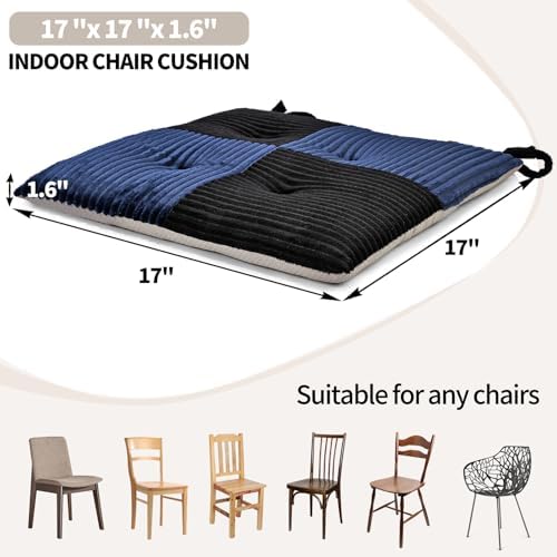Office Stacking Chair Cushions 4 Pack, Corduroy High Density Foam Kitchen Seat Cushions with Ties, Square 17" x 17" Indoor Non-Slip Dining Chair Pads, Black+ Navy，4pcs - Image 4