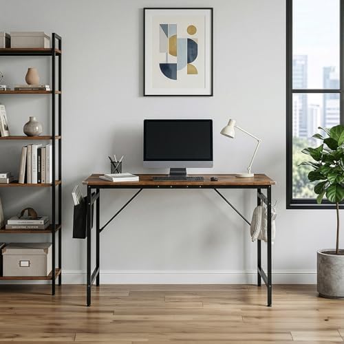 47 Inch Computer Desk for Home Office, Modern Writing Study Table Simple Modern Style for Bedroom Small Space, Large Work Desks with Side Bag and 2 Hooks for Home Work Study Writing - Image 2