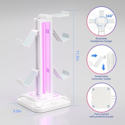 KDD RGB Headset Stand with 9 Light Modes - Controller Holder for Desk - Rotatable Headphone Stand & Detachable Controller Hook for PC Earphone Accessories(White) - Image 6