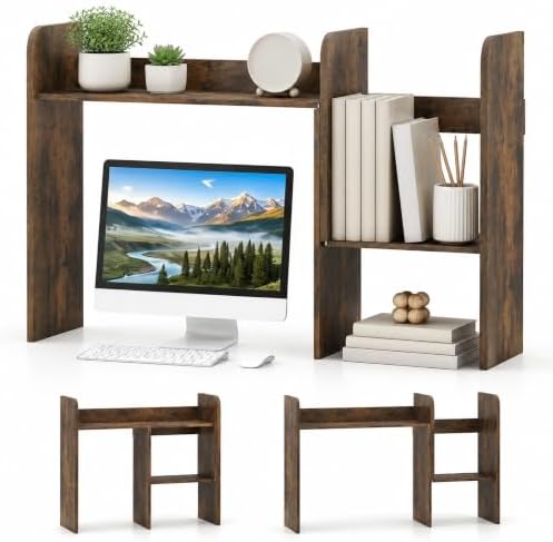 GIANTEX Extendable Desktop Bookshelf, Dorm Desk Hutch (Rustic Brown) by Giantex