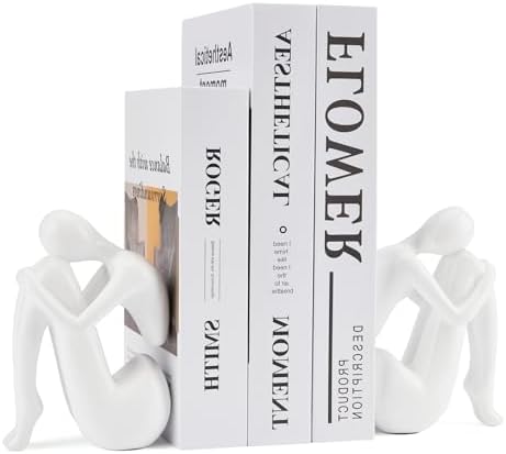 White Decorative Bookends, Girl Thinker Design, Modern Resin Book Stoppers, Non-Skid Heavy Duty, 1Pair/2Piece by Xmeden