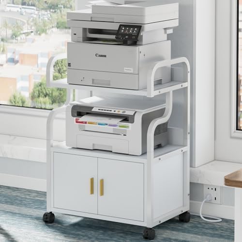 VECELO Large Printer Stand with Power Outlet, 3-Tier Rolling File Cabinet with Lockable Wheels, Heavy Duty Utility Table for Home Office, 18.9"x23.6"x30.2", White by VECELO