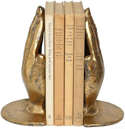 Hand Bookends Decorative, Heavy Duty Cast Iron Book Holder, Prayer Hand Book Ends for Shelves Living Room Home Decor Office, Antique Gold, 1 Pair/2Pieces by INMOFN