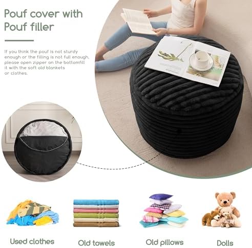 HIGOGOGO Round Stuffed Pouf Ottoman, Corduroy Poufs with High-Density Foam Filling, Furry and Fluffy Pouf Foot Stool Storage Ottoman, 20 X 15 Floor Poufs Foot Rest for Living Room, Black - Image 6