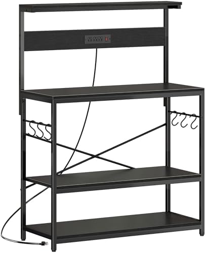 SUPERJARE Bakers Rack with Power Outlets, Microwave Stand, 39.4 X 14.3 Inch Larger Desktop, Kitchen Storage Rack with Adjustable Middle Shelf, 6 S-Shaped Hooks, Coffee Bar Stand, Black by SUPERJARE