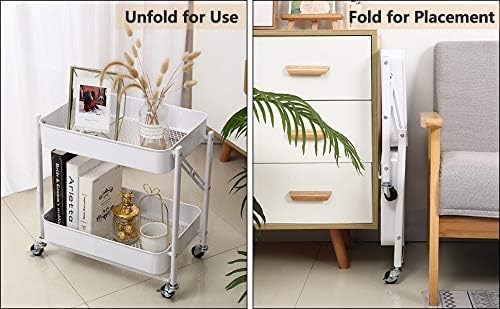 Melody House 2-Tier Metal Folding Rolling Cart, Mobile Utility Cart Trolley Storage Organizer for Office Home Kitchen Organization, Sofa Side End Table with Wheels, White - Image 3