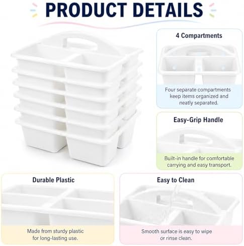 gisgfim 6 Pack Plastic Classroom Caddy with 4-Compartments Plastic Storage Caddies with Handle 4 Compartments Table Caddy Organizer Versatile Table Caddies for Classroom Office, White - Image 3