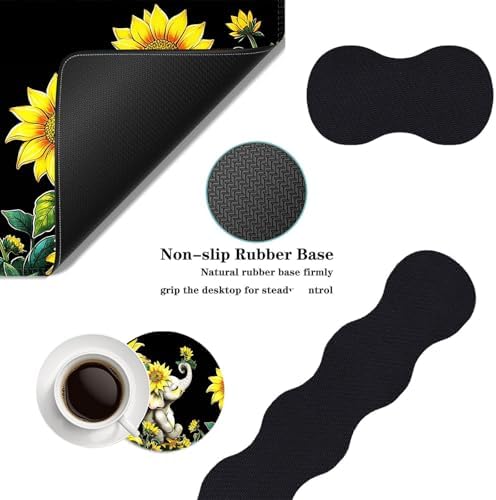 Mouse Pad,Large Desk Mat Set, 4in1 XL Mousepad + Keyboard Wrist Rest+Mouse Wrist Rest+Coaster with Ergonomic Desk Pad for Home Office Table Computer Cover -Elephant with Sunflowers - Image 2