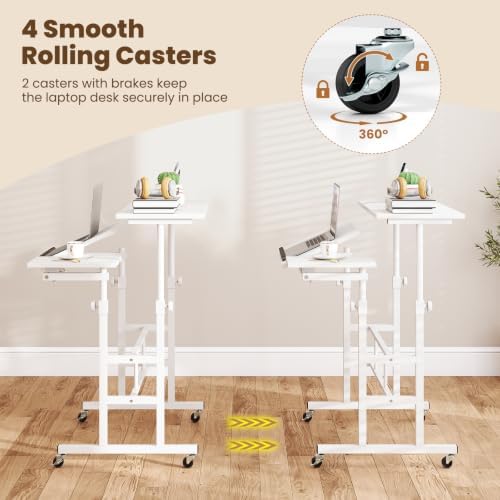 GIANTEX Mobile Standing Desk, Height Adjustable Stand Up Table with Wheels & Tilting Tabletop, Rolling Laptop Cart Computer Workstation for Standing or Sitting, Home Office Sit Stand Desk (White) - Image 7