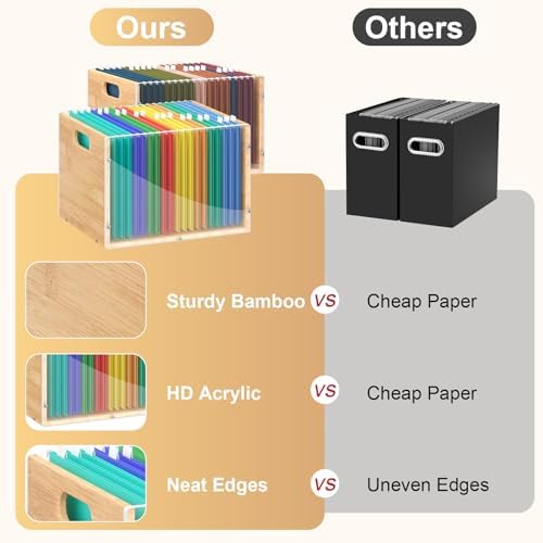 Sbanmao 2 Pack Hanging File Organizer, Clear Acrylic File Box Organizer, Bamboo Filing Box File Crate Storage Boxes, Portable Filing Organizer with Handle for Letter Size - Image 3