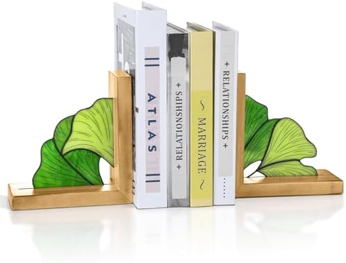 Maitys Ginkgo Leaves Bookends Oak Base, Green for Desk Shelves by Maitys