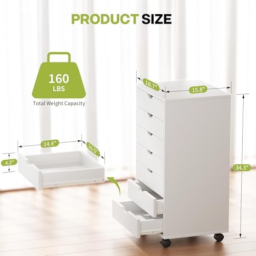 7 Drawer Chest, Storage Cabinet Dressers with Wheels, Dressers Storage Cabinets, Dresser Mobile Cabinet with Wheels, Room Organizer, Small Drawers Wood Organization Furniture for Office, Home, White - Image 3