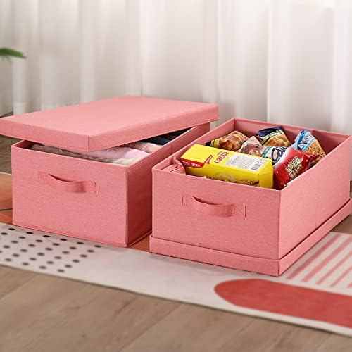 HOONEX Linen Foldable Storage Bins with Lids, 2 Pack, Storage Boxes with Carrying Handles and Sturdy Heavy Cardboard, 16.5" L x 11.8" W x 7.5" H for Shoes, Books, Clothes, Nursery, Pink - Image 5