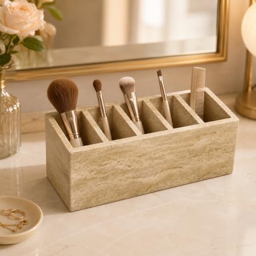 Travertine Desk Organizer, 5-Compartment Pen & Brush Holder - Image 6