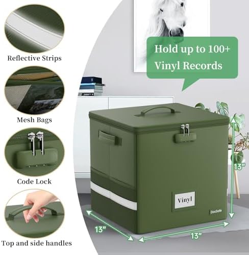 DocSafe Vinyl Record Storage Box with Lock,Fireproof Record Organizer Storage for 100+ Single Records(12-inch), Collapsible Storage Crate with Lid & Handles for Valuable Album Collection,Green,2 Pack - Image 3