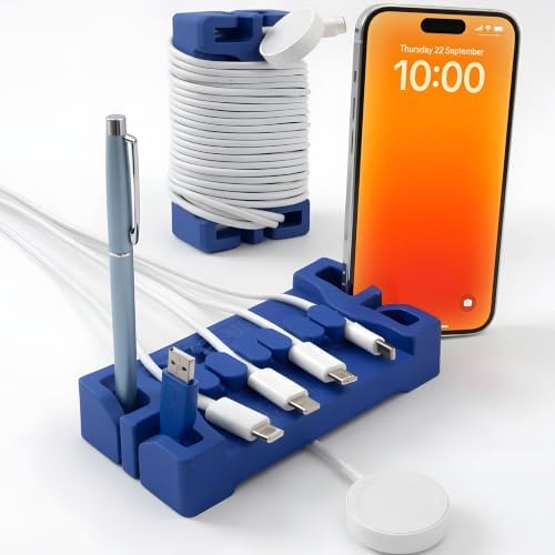 DeskBrick 2PK Silicone + Steel-Weighted Cord Holders for Desks. Weighted Cord Organizers & Cable Management for Desktops. Useful Phone Accessories & Cable Holders for Offices. No Adhesive. Blue by CordBrick