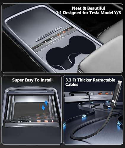 USB Hub for Tesla Model 3/Y, 45W PD Center Console Retractable Fast Charging, Car Docking Station Charger Multi Port for 2021 2022 2023 Tesla Model 3/Y - Image 4
