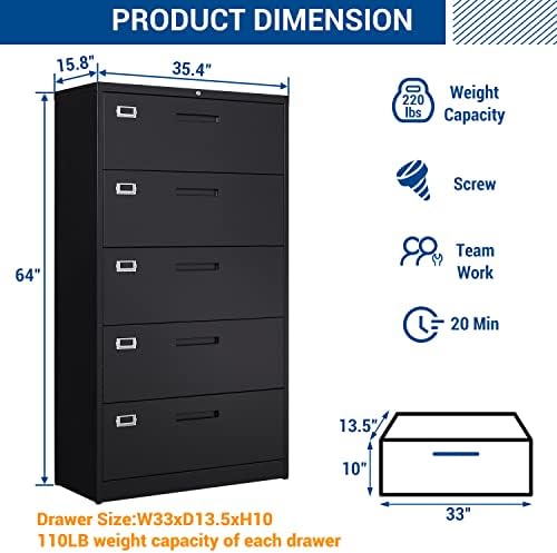 Fesbos Lateral File Cabinet with 5 Drawers - Metal Steel Filling Cabinets for Home Office - Lockable Storage Cabinet for Hanging Files Letter/Legal/F4/A4 Size-Assembly Required - Image 3