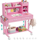 Pink Kids Desk with Hutch, 32" Height Adjustable Mobile Rolling Girls Desk by Unknown
