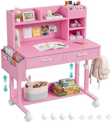 Pink Kids Desk with Hutch, 32" Height Adjustable Mobile Rolling Girls Desk by Unknown