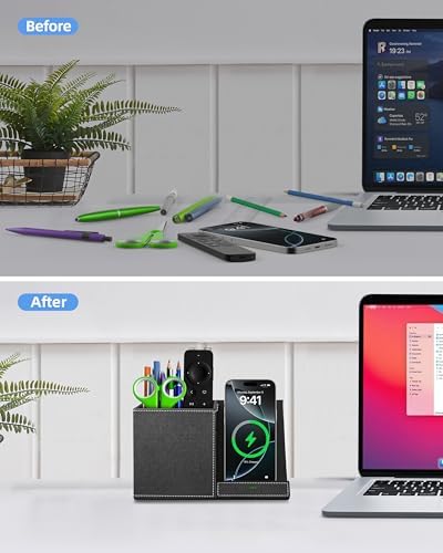 Pen Holder with Wireless Charger, PU Leather Pencil Holder for Desk, Multi-Functional Desktop Organizer, Desk Organizers and Accessories for Home School Office Supplies, Black - Image 5