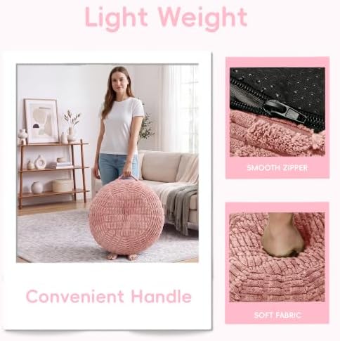 Hobestluk Stuffed Pouf Ottoman Footrest,Round Footstool,Handle,Large,Pink - Image 6