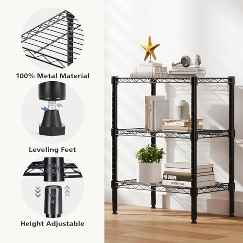 HealSmart 3-Tier Metal Wire Storage Shelves, Adjustable Standing Storage Rack Shelf, Heavy Duty Steel Shelving Unit Organizers for Kitchen Bathroom Pantry Garage, 23.2" W×13.4" D×30.3" H, Black - Image 4
