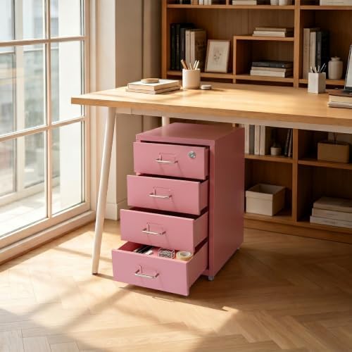 4 Drawer Vertical File Cabinet, Beige Metal File Cabinet with Lock(Pink) - Image 5