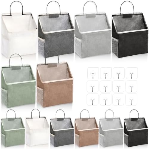 Woanger 12 Pcs Wall Hanging Storage Bag Wall Hanging Organizer Bag Over The Door Closet Basket Containers Bins with Hook Pocket for Bedroom Bathroom (Light Gray, Beige, Dark Gray, Black, Khaki, Green) by Woanger