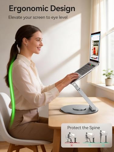 Telescopic Laptop Stand with 360° Rotation, Adjustable Height & Tilt Swivel Laptop Riser, Ergonomic Standing Desk Converter for 10-17" MacBook Pro/Air, Dell, HP – Supports up to 22lbs (Silver) - Image 4