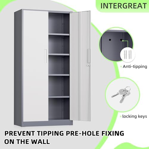 INTERGREAT Metal Storage Cabinet, 72" Locking Steel Cabinets with 2 Door and 4 Adjustable Shelves, Tall Metal Cabinet for Home Office, Garage, Warehouse,(New Grey) - Image 5