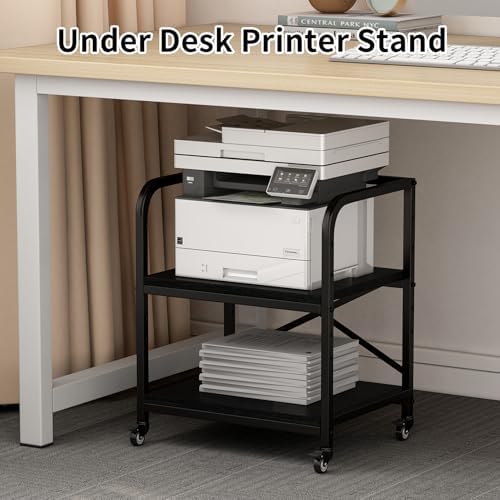 2 Tier Large Printer Stand, 20 x 20 Inches Printer Table with Storage Shelf, Rolling Printer Cart with Wheels for Home Office, Scanner Fax (Black) - Image 2