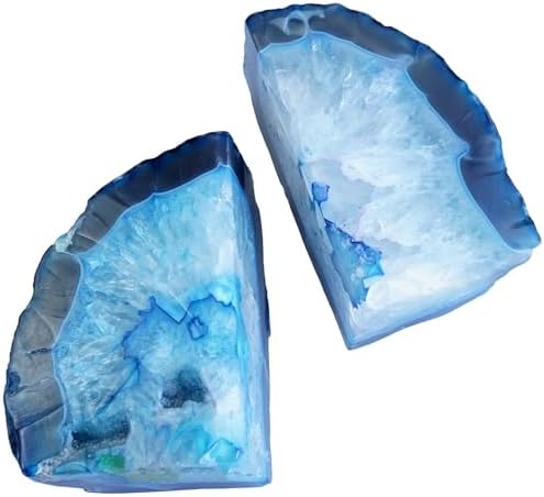 Natural Teal Dyed Agate Geode Bookends - 2 to 3 lb Heavy Duty Rock Crystal Stone Book Ends for Shelves, with Rubber Bumpers, Decorative Book Holders for Home Office - Image 3