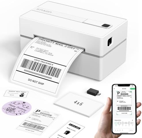 KNAON Bluetooth Thermal Shipping Label Printer, 4x6 Portable Thermal Address Label Printer for Small Business, Compatible with iPhone,Android,Windows,Mac–Works with Etsy Shopify USPS&More, White by KNAON