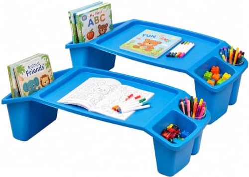 Basicwise 2-Pack Blue Activity Desk Tables with Cup Holders & Storage by Basicwise