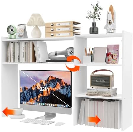 Aetheris Desktop Bookshelf, 43”Adjustable Office Desktop Organizer Shelf, Countertop Storage Hutch with 4 Shelves for Computer Desk, Adjustable Desk Hutch, Wooden Desktop Bookcase by Unknown