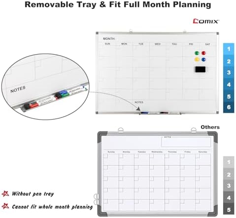 Comix Magnetic Dry Erase Calendar Whiteboard, 36 x 24 Inches Monthly Calendar Dry Erase Board for Wall, Aluminum Frame Planner White Board with Dry Erase Markers, Eraser, Magnets - Image 3