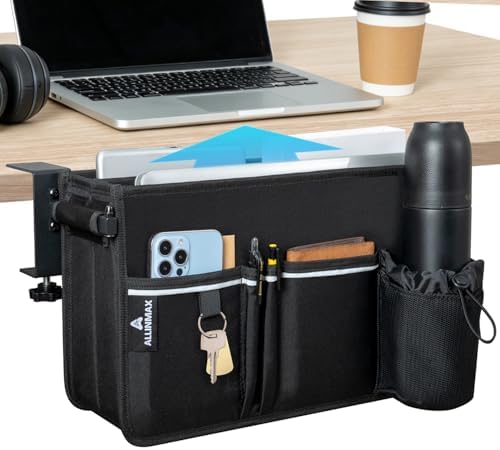 Side Desk Laptop Holder for Up to 3 Laptops, Side Desk Organizer with Adjustable Divider & Bottle Pocket, Soft-Lined Interior, Clamp Mount Side Desk Storage, Fits 0.6″-3.2″ Flat Edge by Unknown